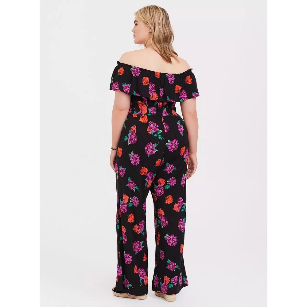 Torrid Black Floral Off Shoulder Smocked Wide Leg Jumpsuit Womens Plus Size 2 2X - Picture 2 of 16